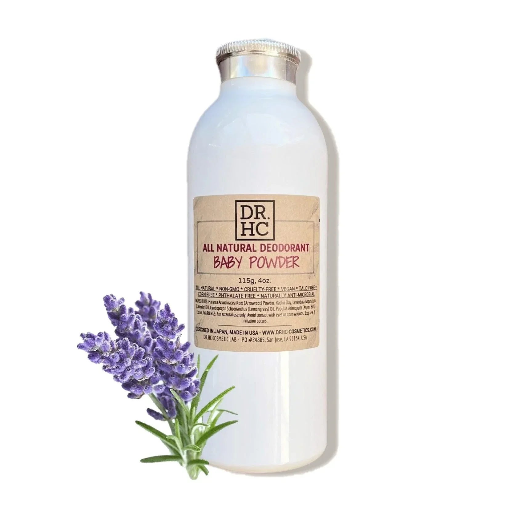 DR.HC all-natural talc-free deodorant powder in a 115g bottle with botanical ingredients