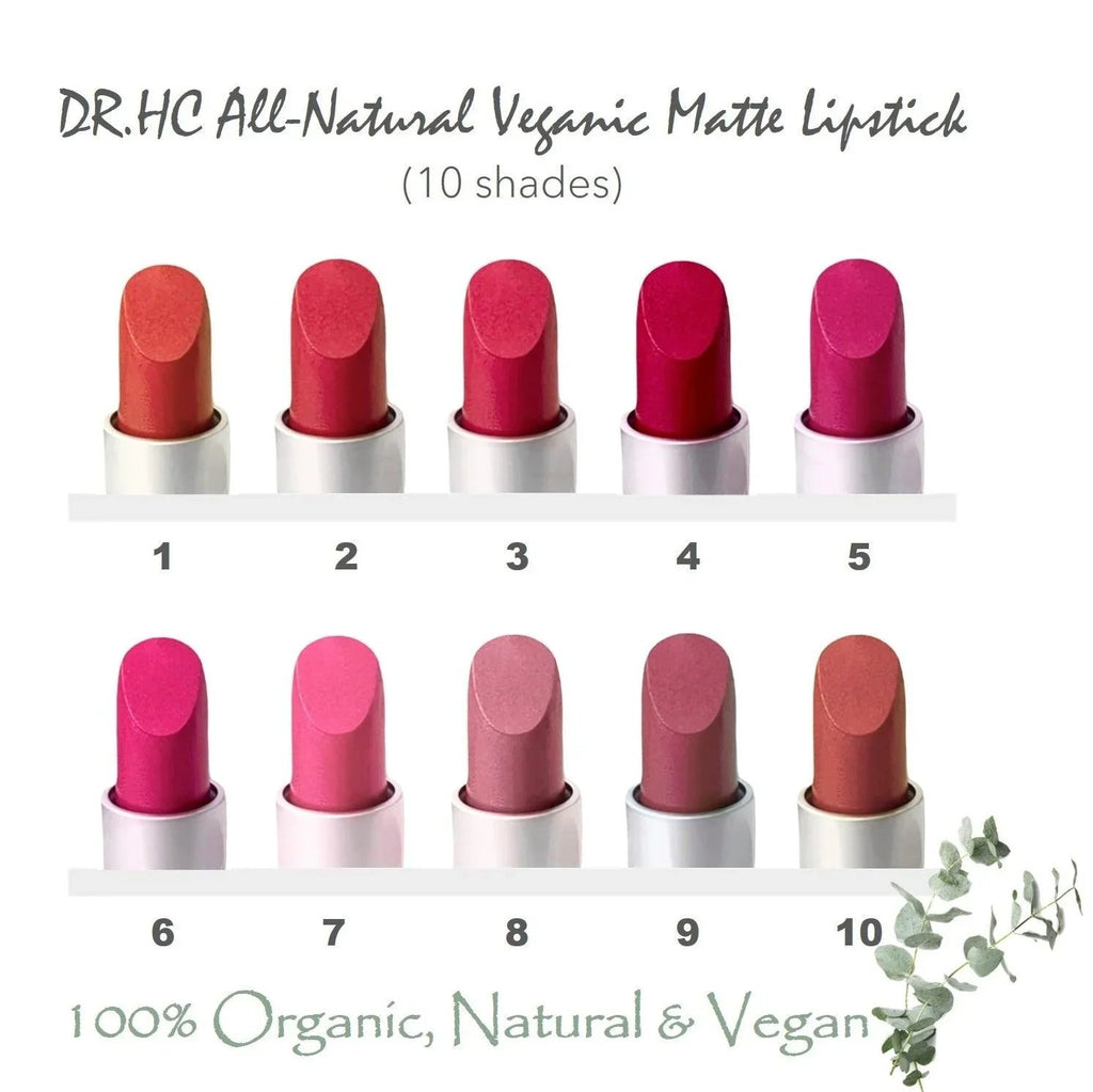 Natural organic vegan matte lipstick tube and rich color swatches on a clean background — view 2