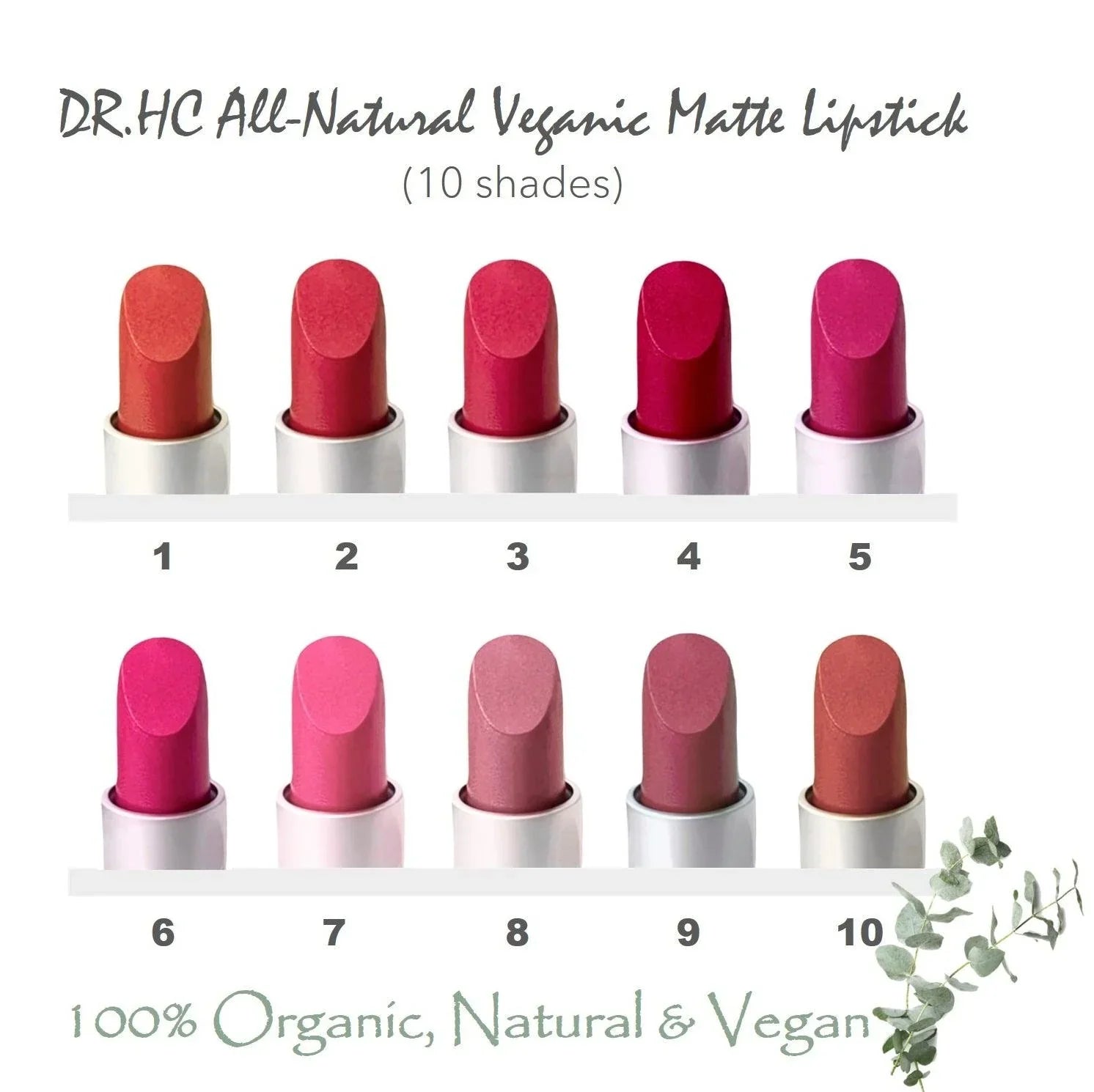 Natural organic vegan matte lipstick tube and rich color swatches on a clean background — view 2