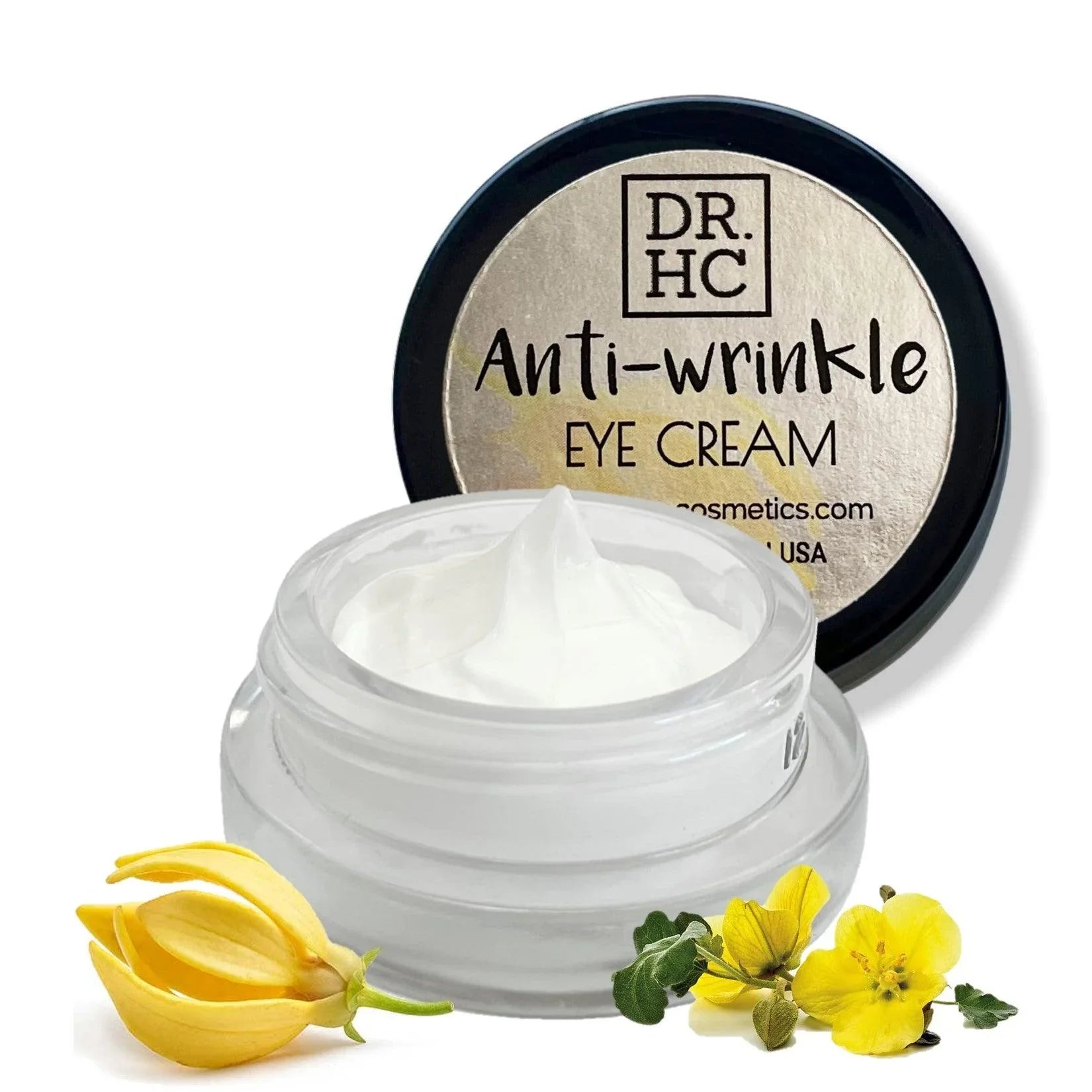 DR.HC anti-wrinkle eye cream jar with organic botanical ingredients for dark circles and anti-aging