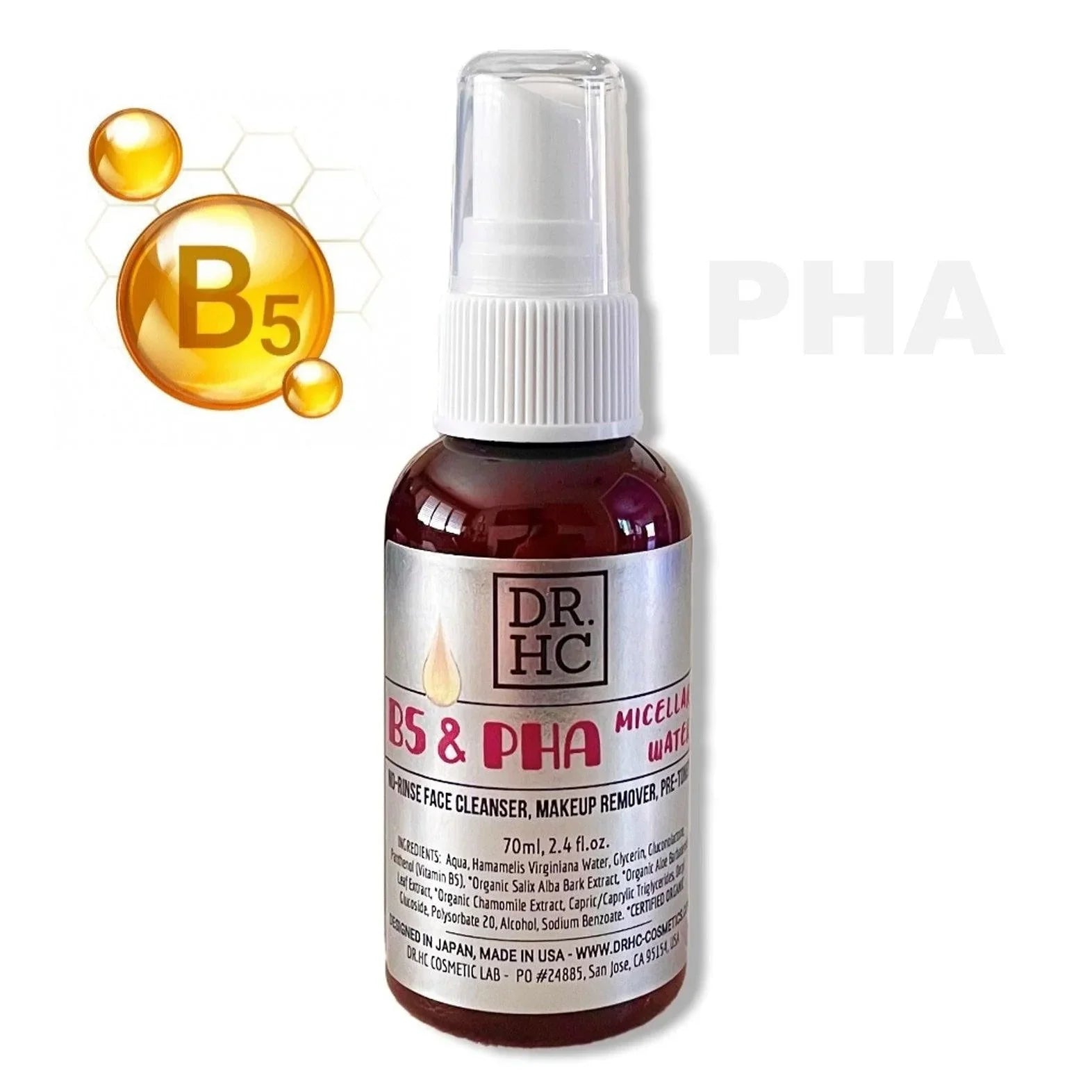 DR.HC B5 and PHA micellar water 70ml bottle for gentle no rinse makeup removal and cleansing — view 2