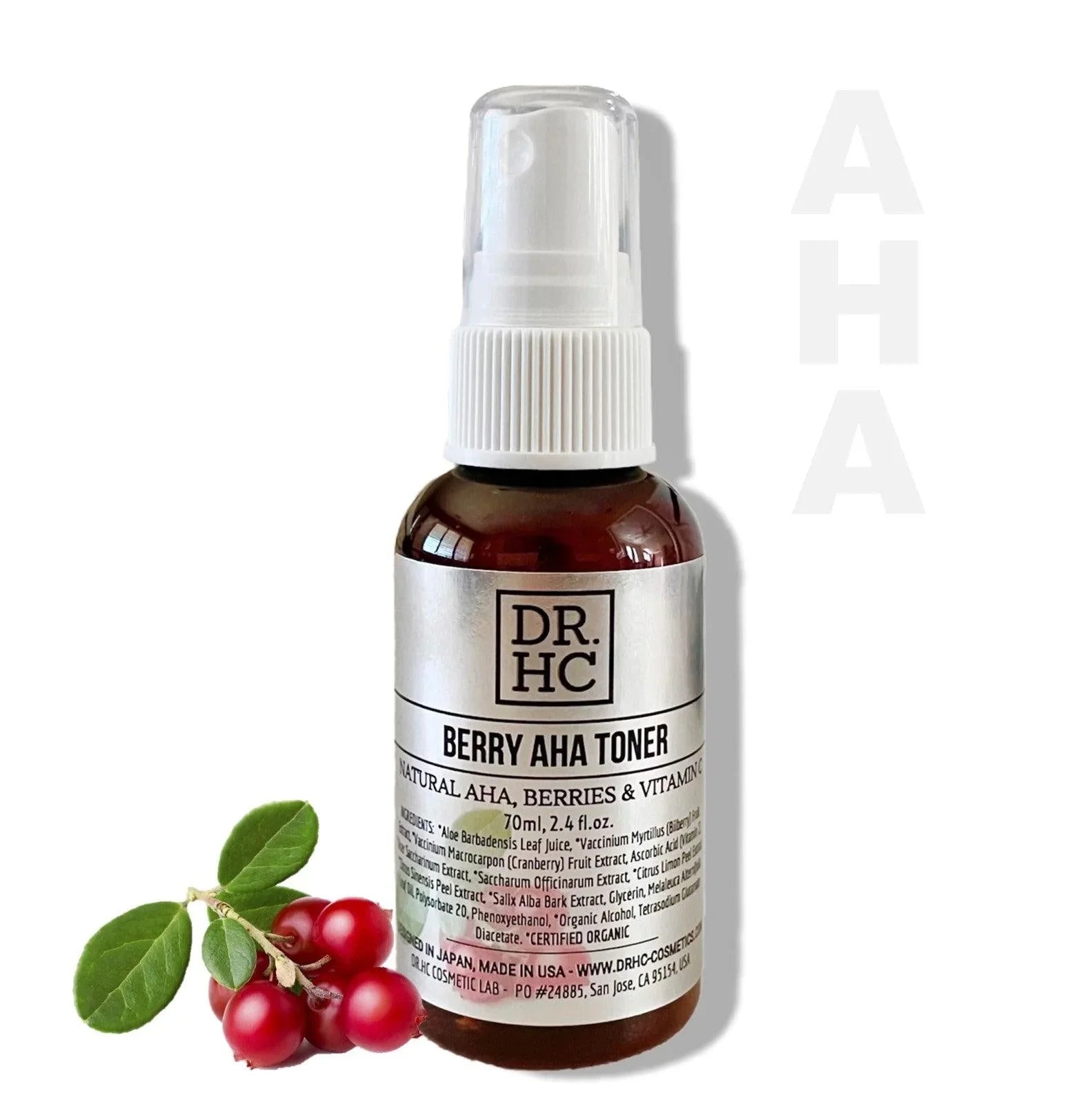 DR.HC Berry AHA face toner liquid in a clear 70ml bottle with minimalist label design