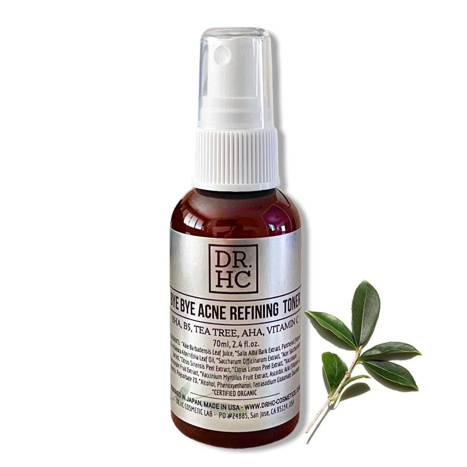 Bye bye acne refining facial toner bottle, clear liquid skincare solution for blemish control