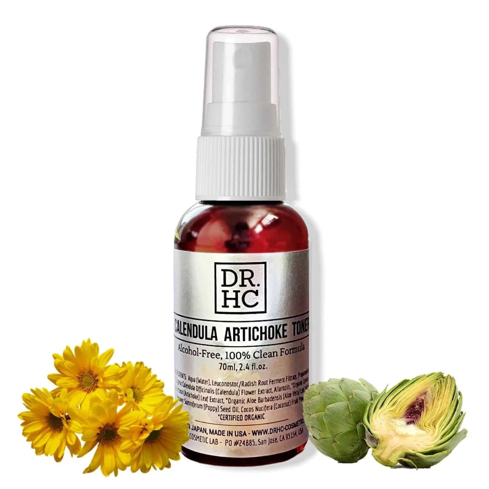 Calendula Artichoke facial toner spray bottle by DR.HC for acne-prone skin recovery and pore minimizing