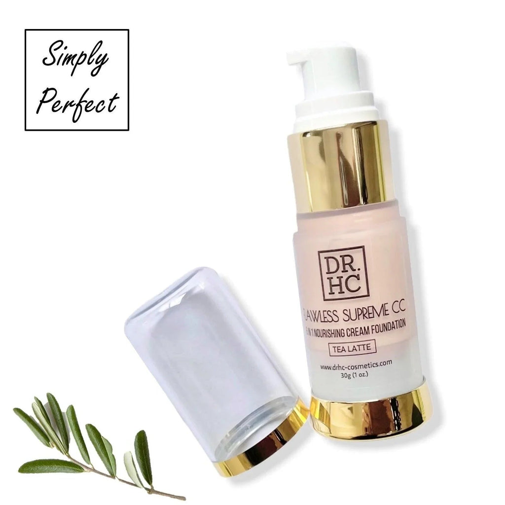 Flawless Supreme 6-in-1 CC cream foundation bottle highlighting five diverse natural matte skin shade options — view 2