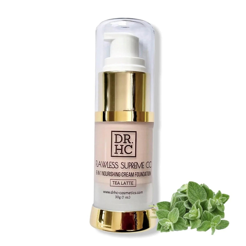 Flawless Supreme 6-in-1 CC cream foundation bottle highlighting five diverse natural matte skin shade options — view 5