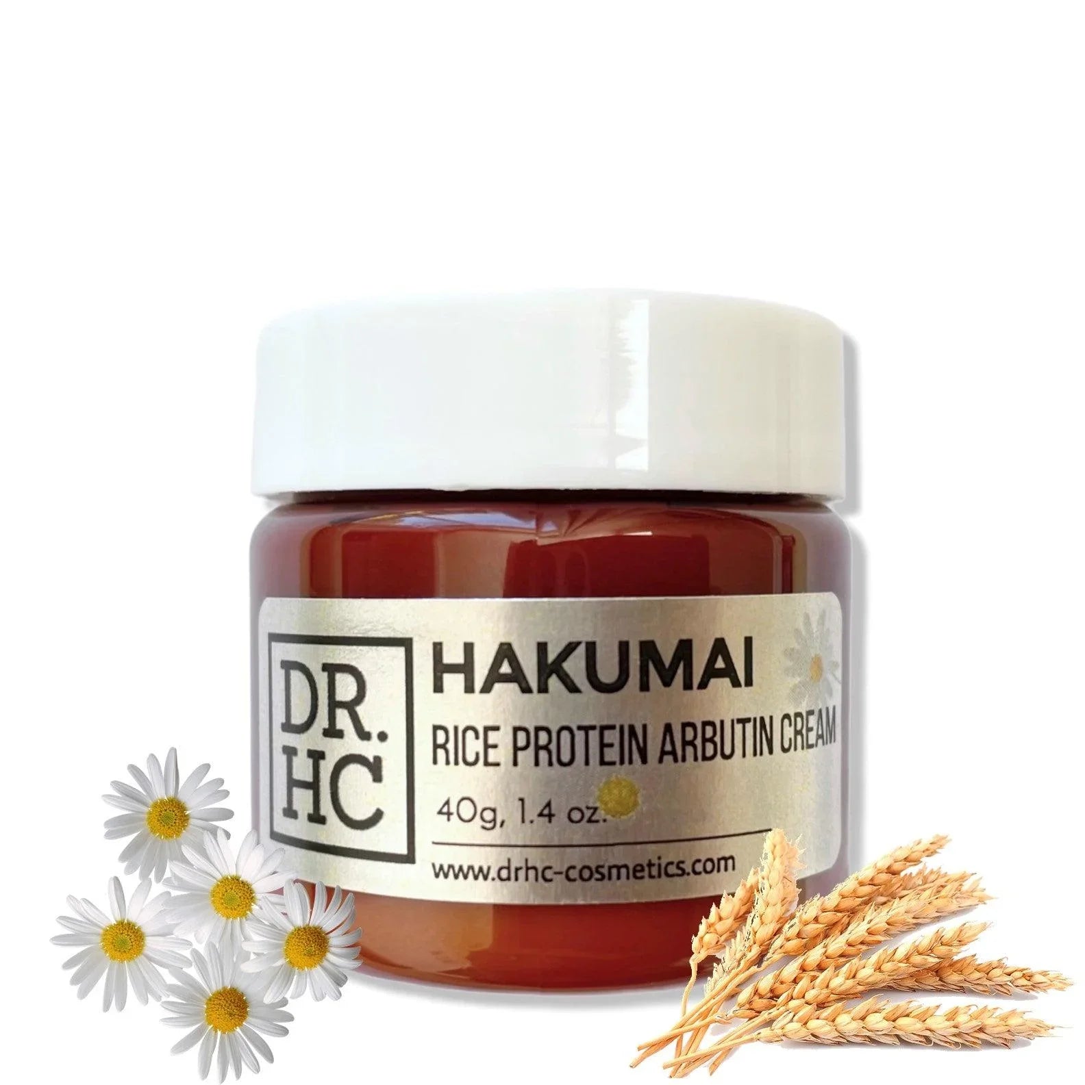 Hakumai rice protein arbutin face cream in a minimalist white cosmetic jar with natural botanical ingredients — view 2