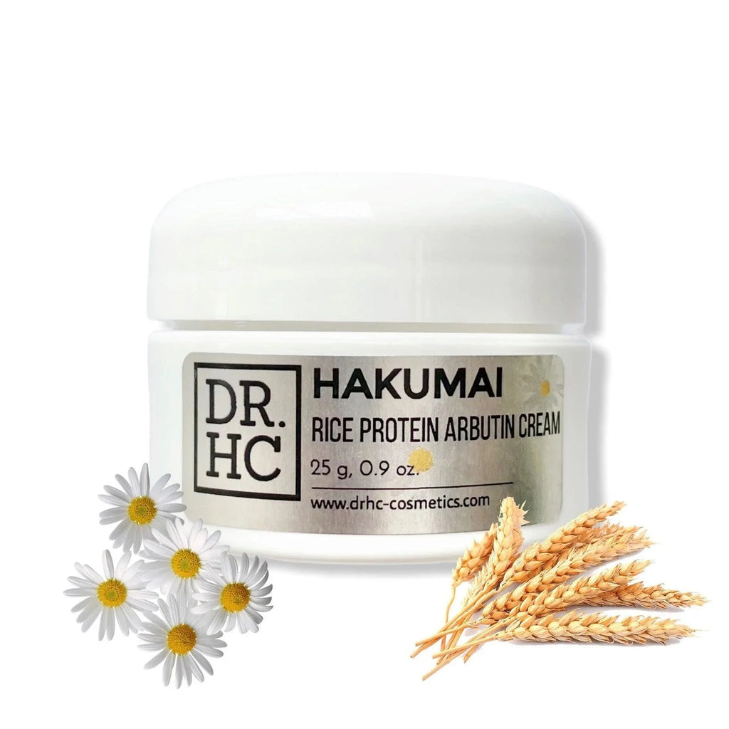 Hakumai rice protein arbutin face cream in a minimalist white cosmetic jar with natural botanical ingredients — view 3