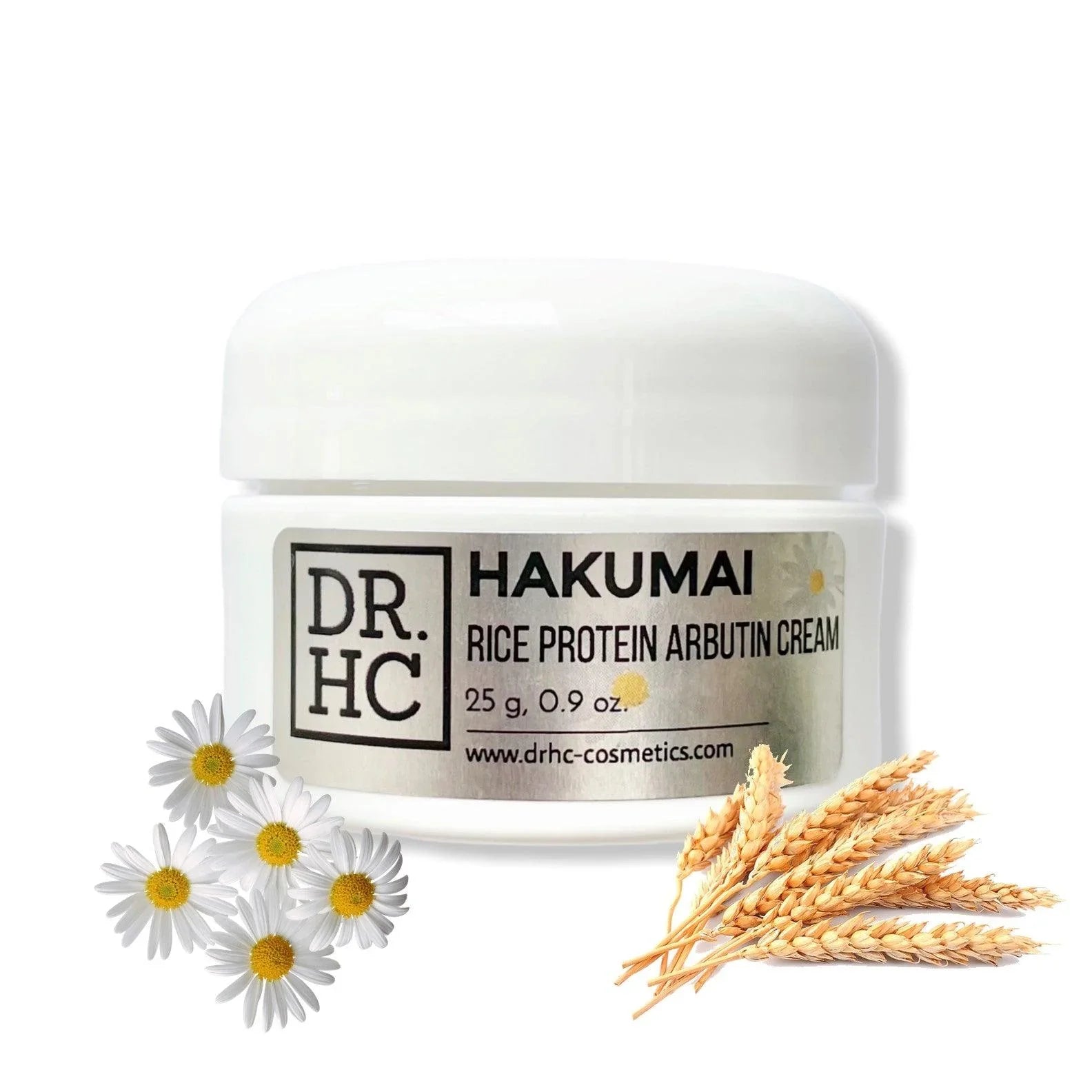 Hakumai rice protein arbutin face cream in a minimalist white cosmetic jar with natural botanical ingredients — view 3