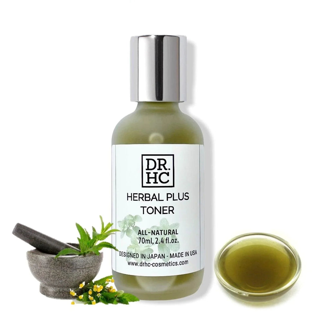 DR.HC Herbal Plus organic face toner bottle highlighting pore minimizing and anti acne botanical formula.