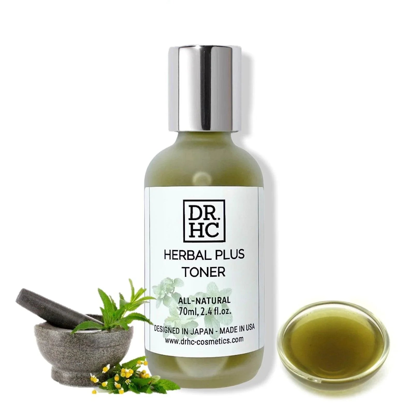 DR.HC Herbal Plus organic face toner bottle highlighting pore minimizing and anti acne botanical formula.