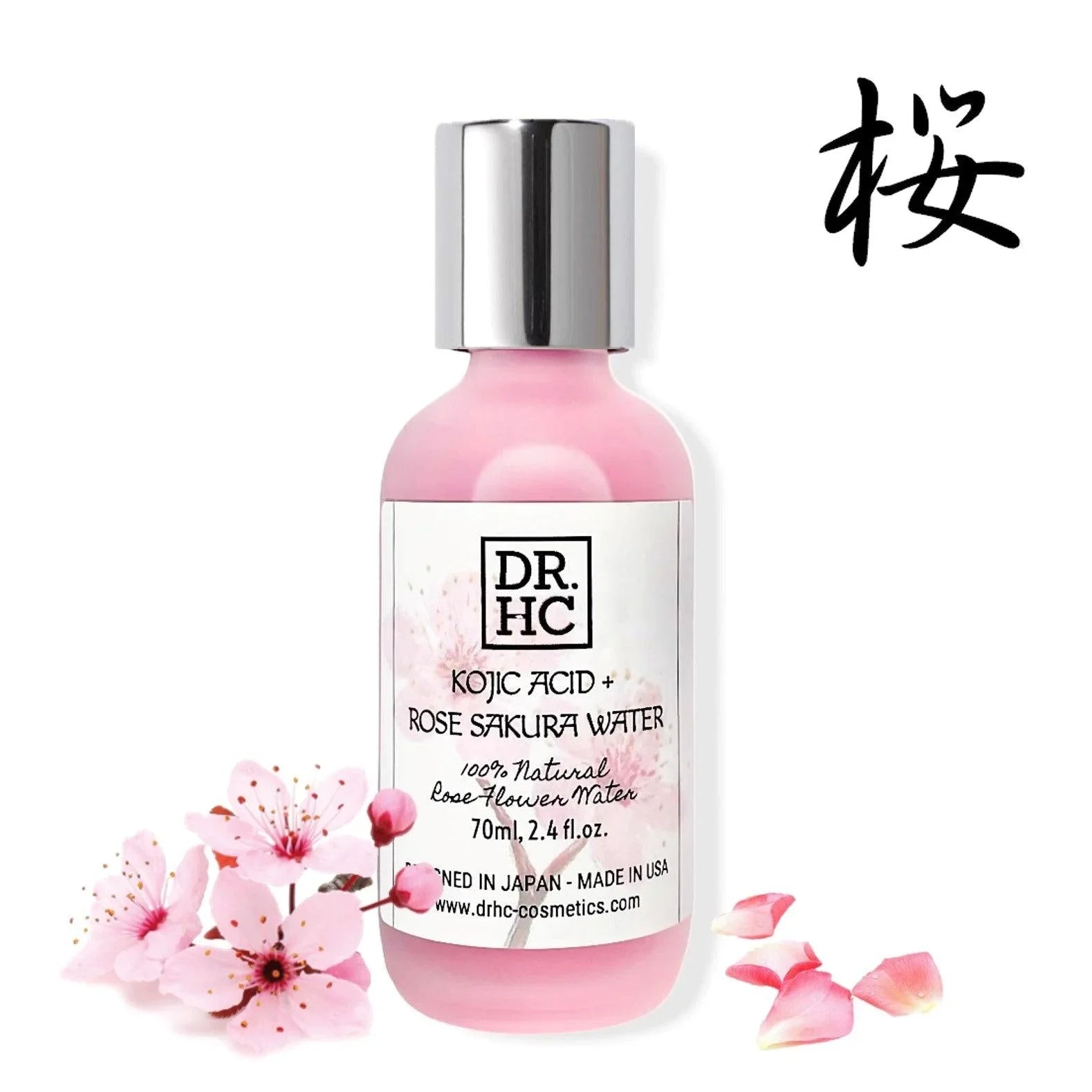 Pink facial toner bottle with Kojic Acid and Rose Sakura extract for skin brightening.
