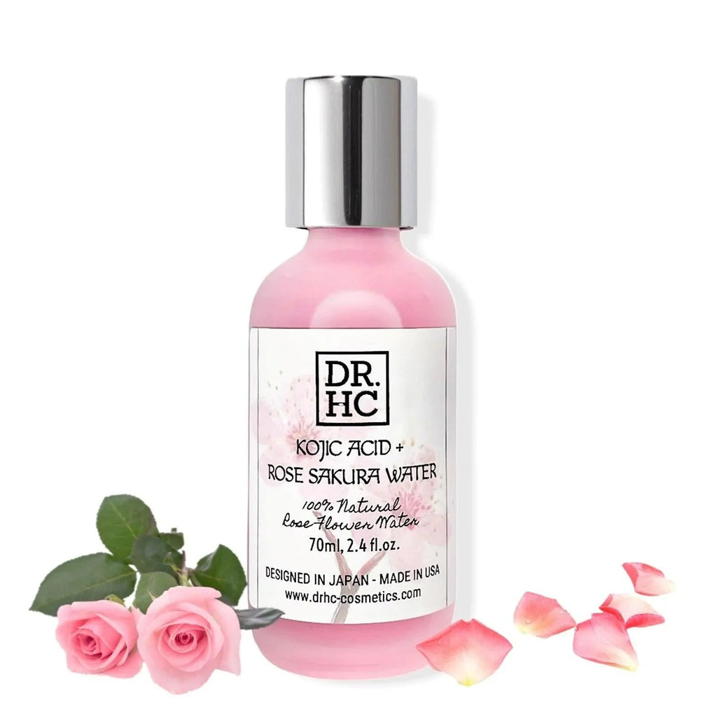 Pink facial toner bottle with Kojic Acid and Rose Sakura extract for skin brightening. — view 2