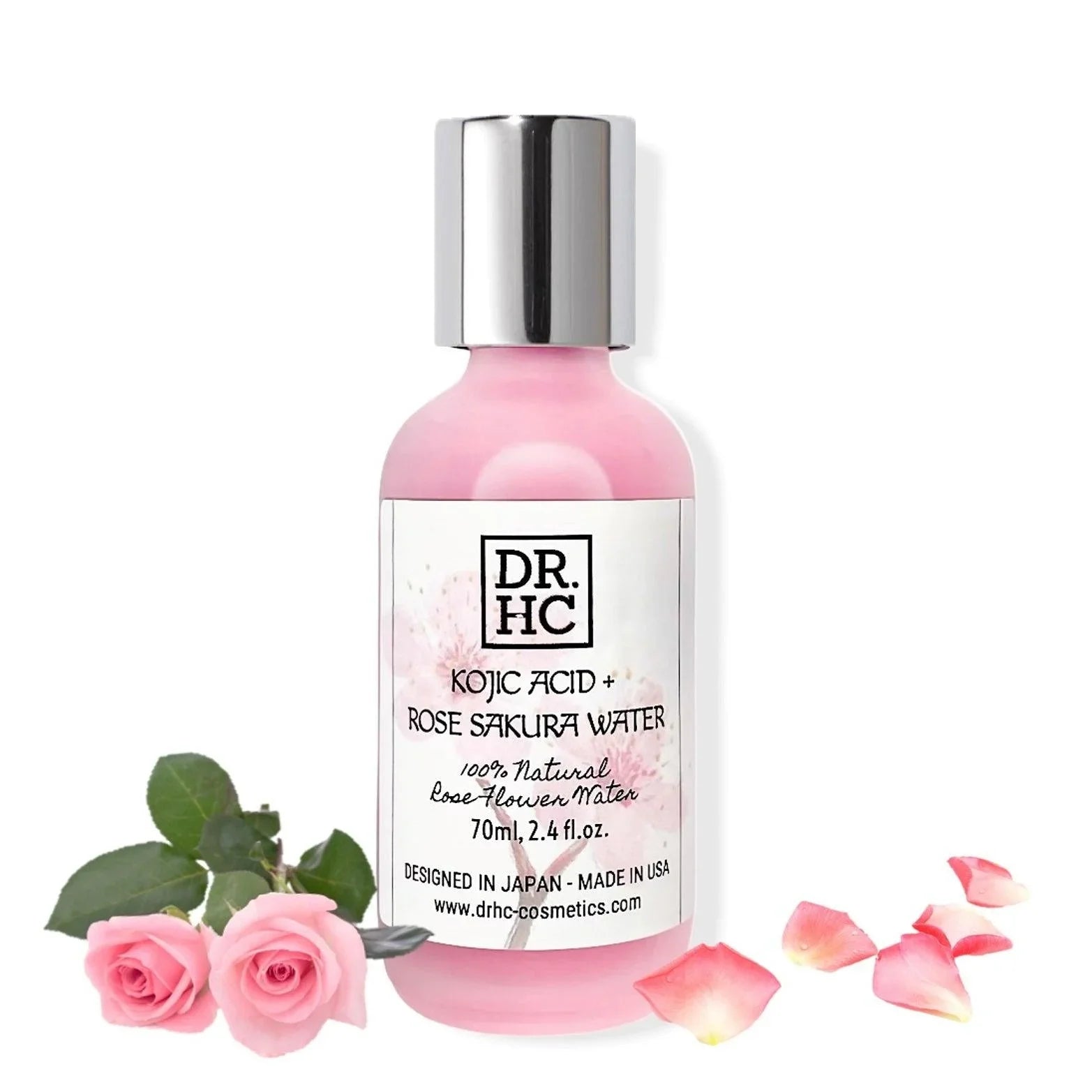 Pink facial toner bottle with Kojic Acid and Rose Sakura extract for skin brightening. — view 2