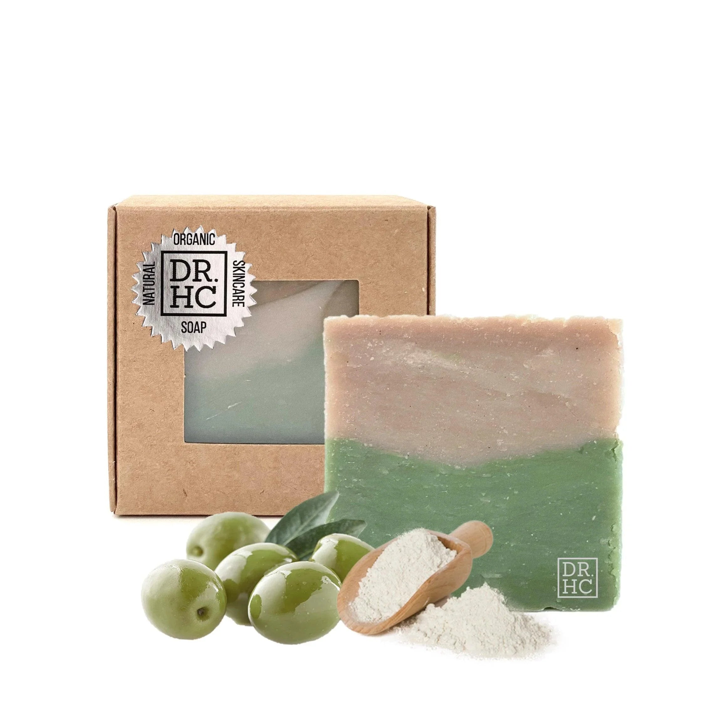 Handcrafted olive mineral clay face soap bar with natural ingredients for anti-aging and acne control