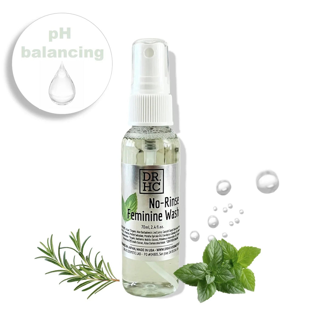 DR.HC no-rinse feminine wash in a 70ml travel spray bottle with mint and chamomile botanicals