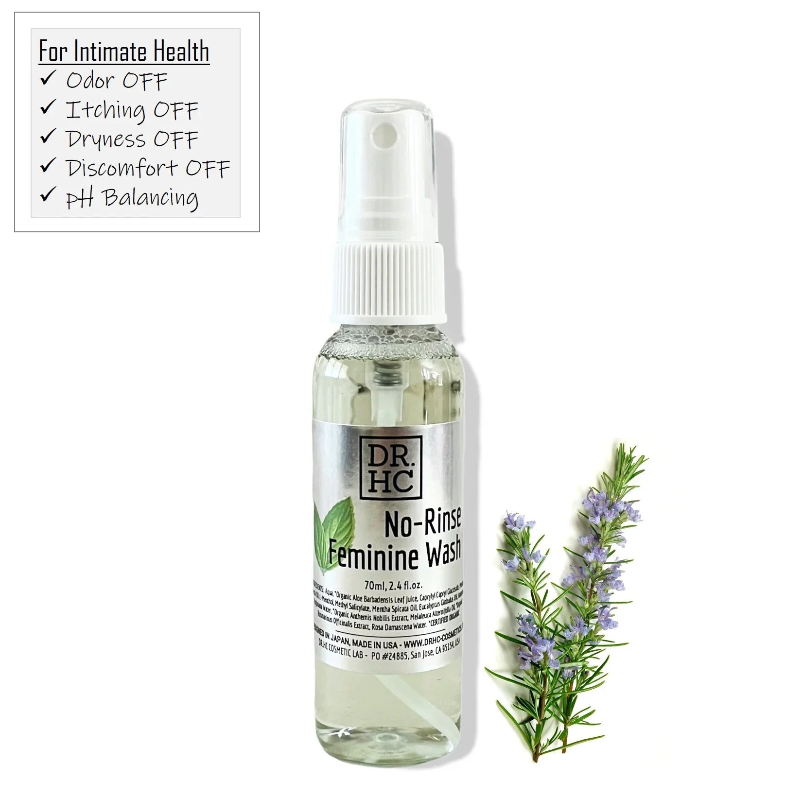 DR.HC no-rinse feminine wash in a 70ml travel spray bottle with mint and chamomile botanicals — view 3