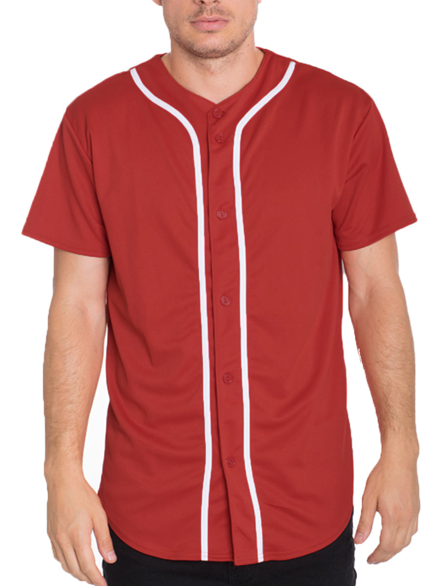 Classic baseball jersey with center stripe detail, short sleeves, and front button closure