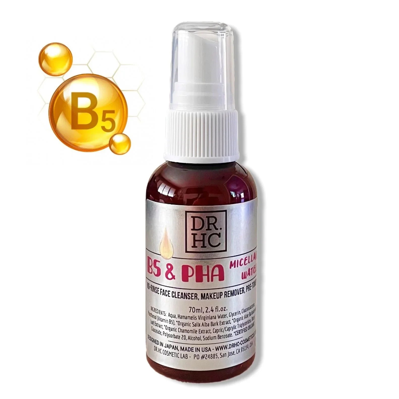DR.HC B5 and PHA micellar water 70ml bottle for gentle no rinse makeup removal and cleansing