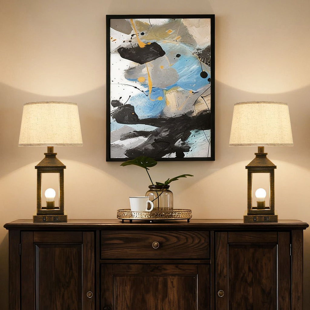 Black and gold farmhouse bedside table lamp with square metal frame and natural linen shade — view 2