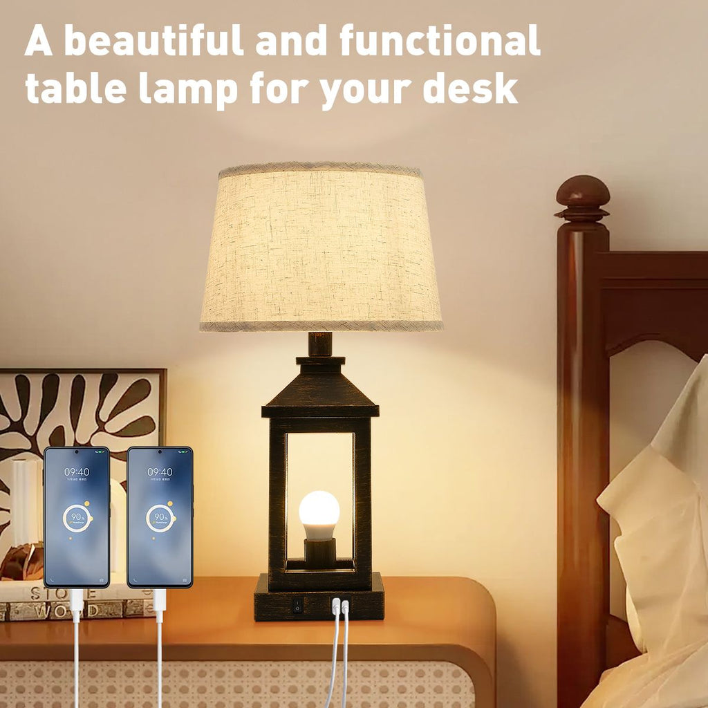 Black and gold farmhouse bedside table lamp with square metal frame and natural linen shade — view 5