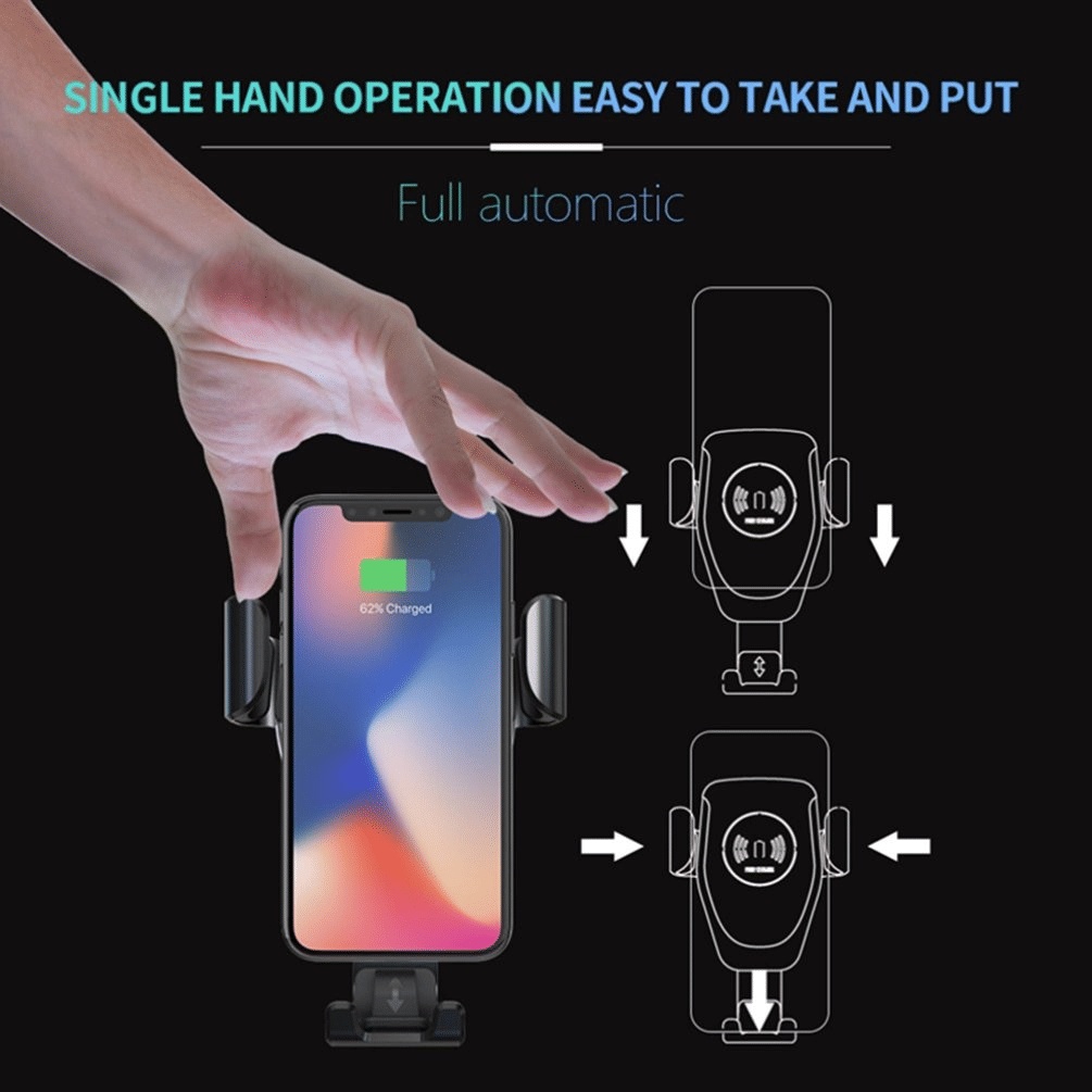 Black wireless car charger mount with automatic clamping arms and aluminum alloy detailing — view 3