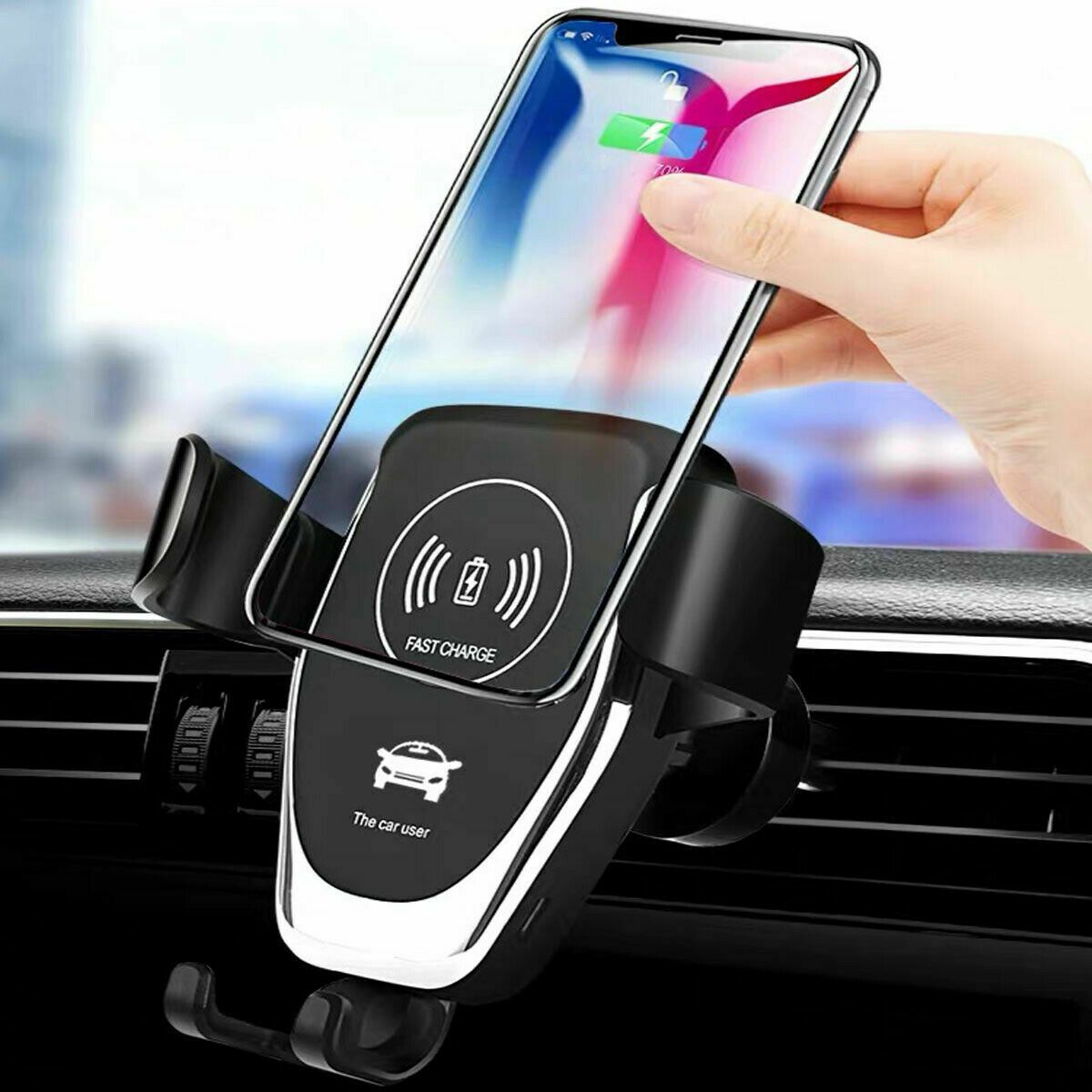Black wireless car charger mount with automatic clamping arms and aluminum alloy detailing