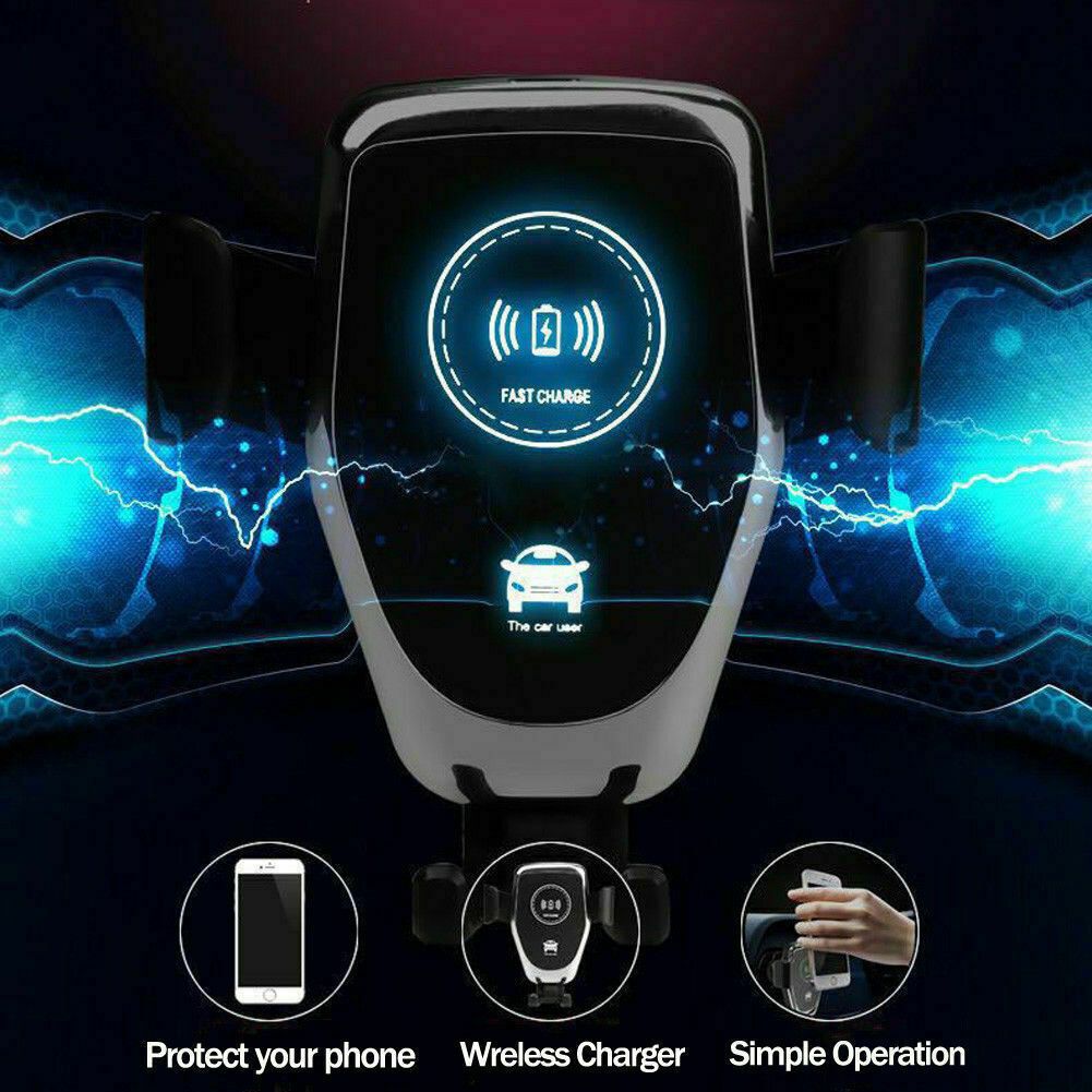Black wireless car charger mount with automatic clamping arms and aluminum alloy detailing — view 2