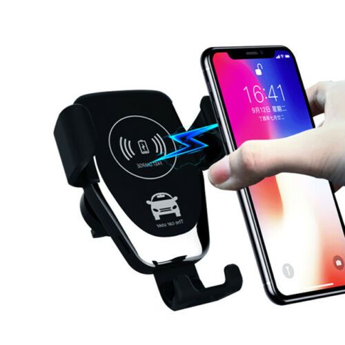 Black wireless car charger mount with automatic clamping arms and aluminum alloy detailing — view 5