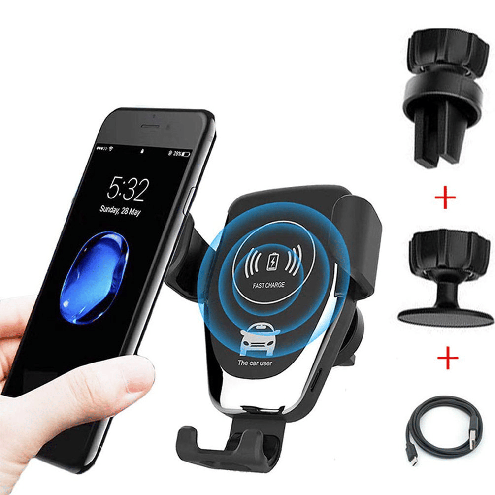 Black wireless car charger mount with automatic clamping arms and aluminum alloy detailing — view 4