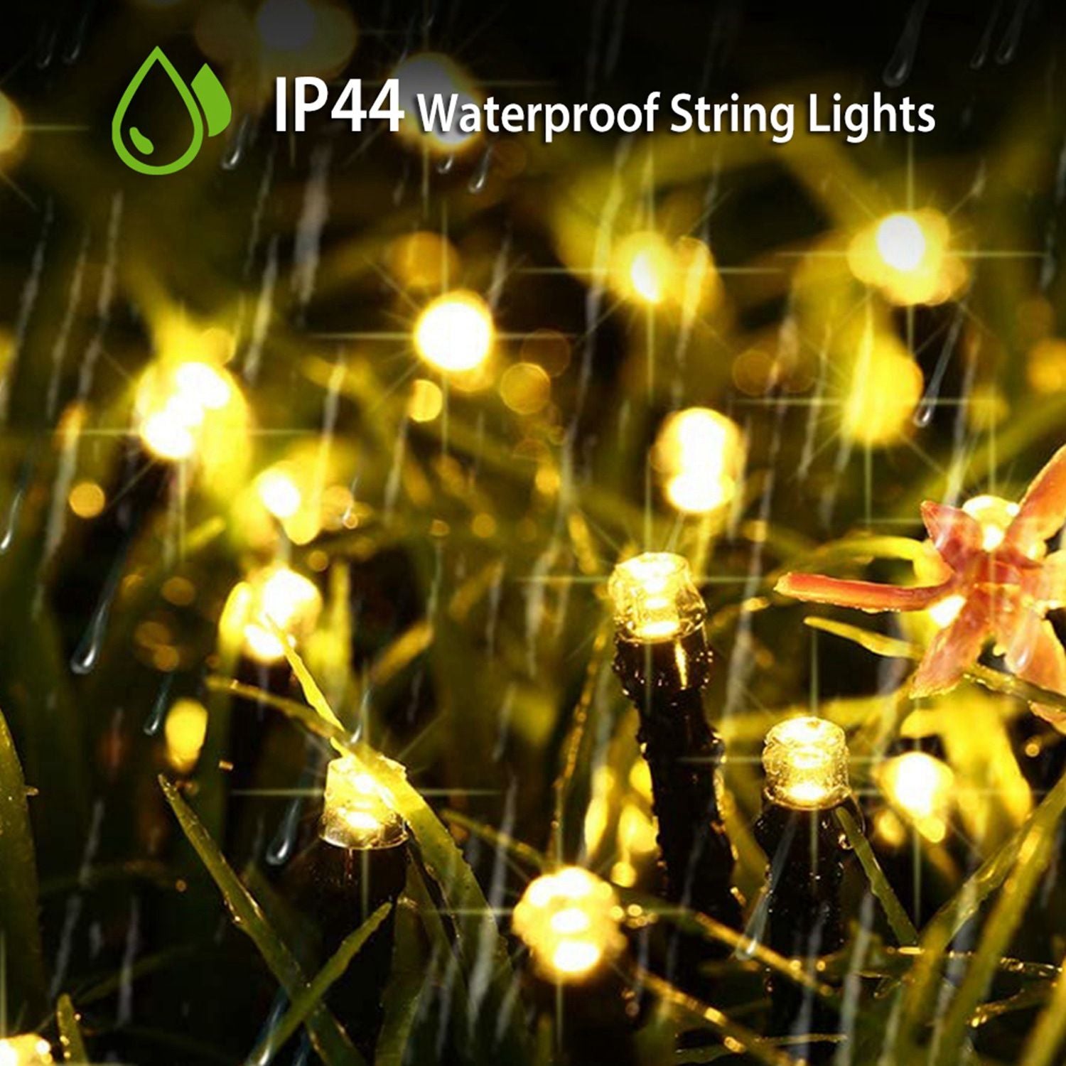 Multicolor solar string lights wrapped on copper wire with attached ground stake and solar panel — view 2