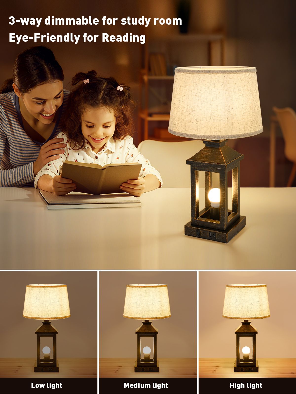 Black and gold farmhouse bedside table lamp with square metal frame and natural linen shade — view 4
