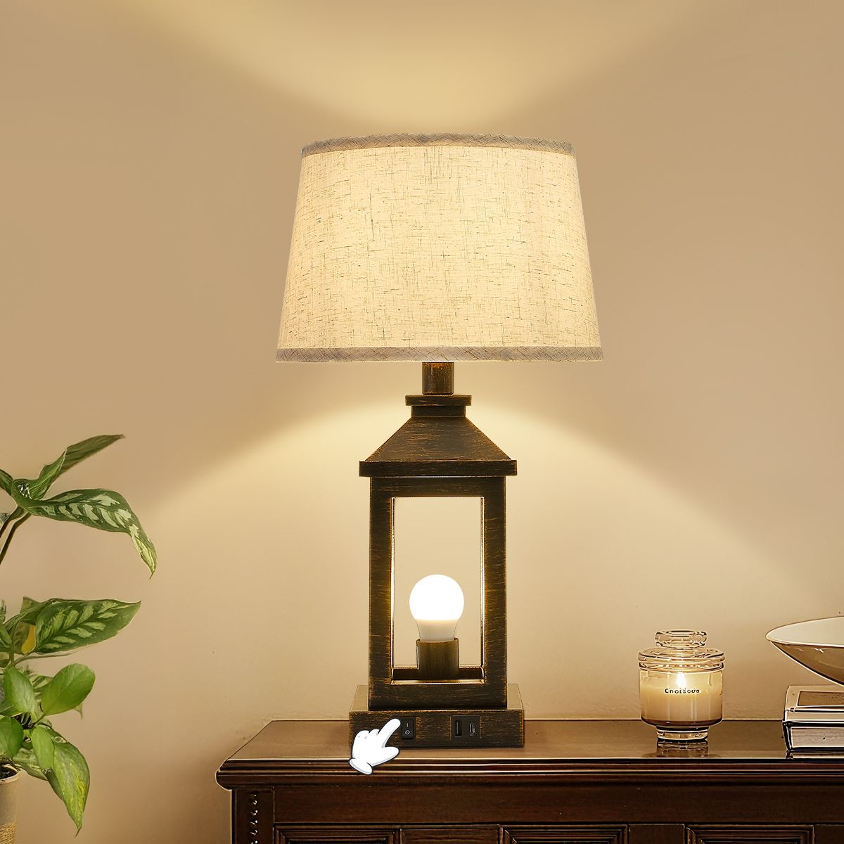 Black and gold farmhouse bedside table lamp with square metal frame and natural linen shade — view 3