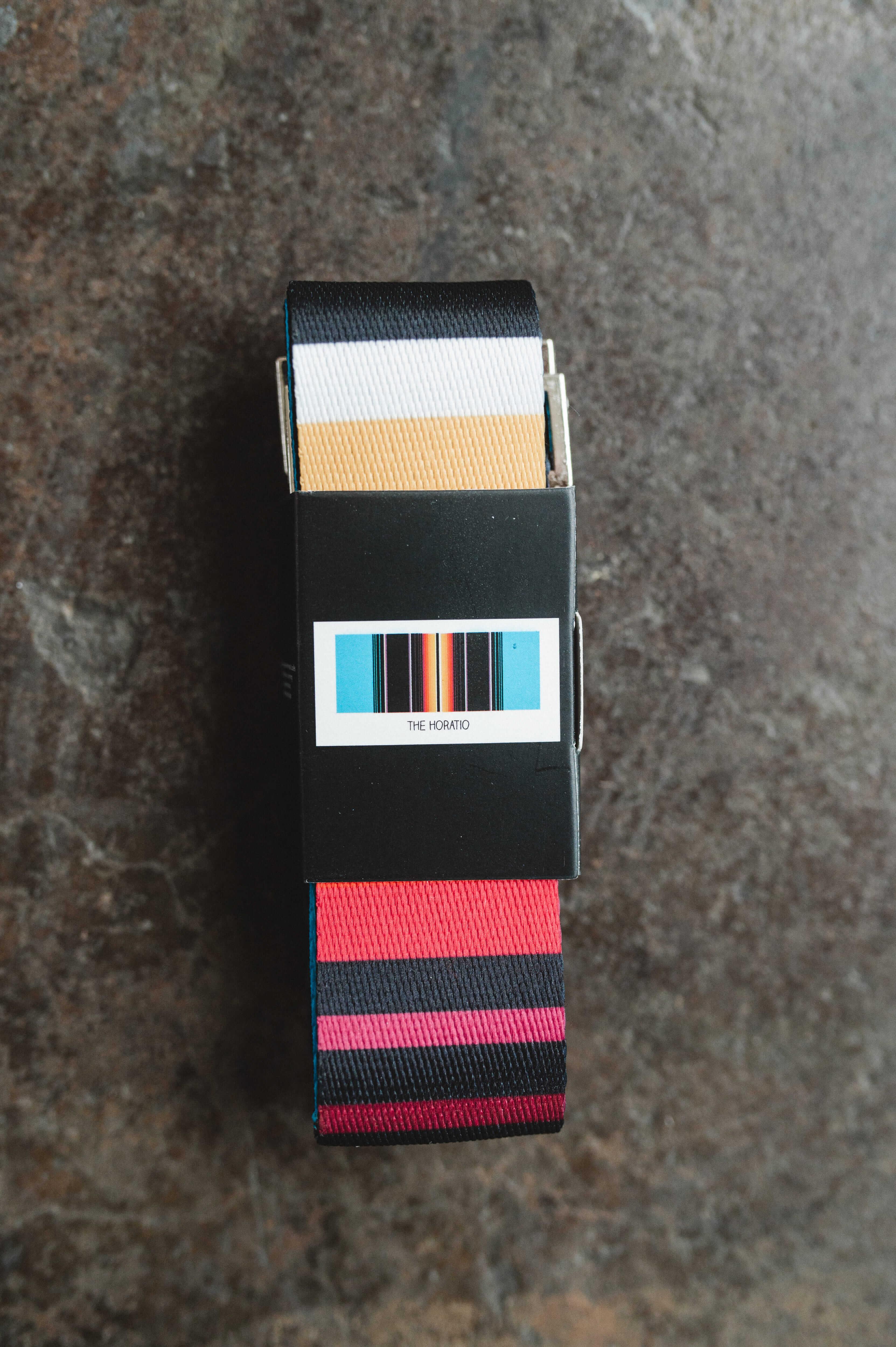 Blue patterned Horatio yoga stretching strap made of organic cotton with polished metal D-ring buckles. — view 4