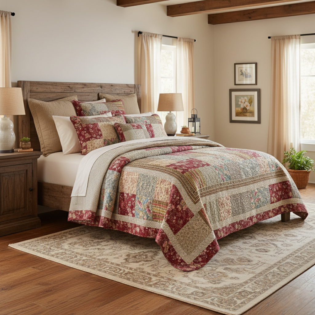 Cotton patchwork quilt set featuring a beige and burgundy floral paisley pattern on a bed — view 2