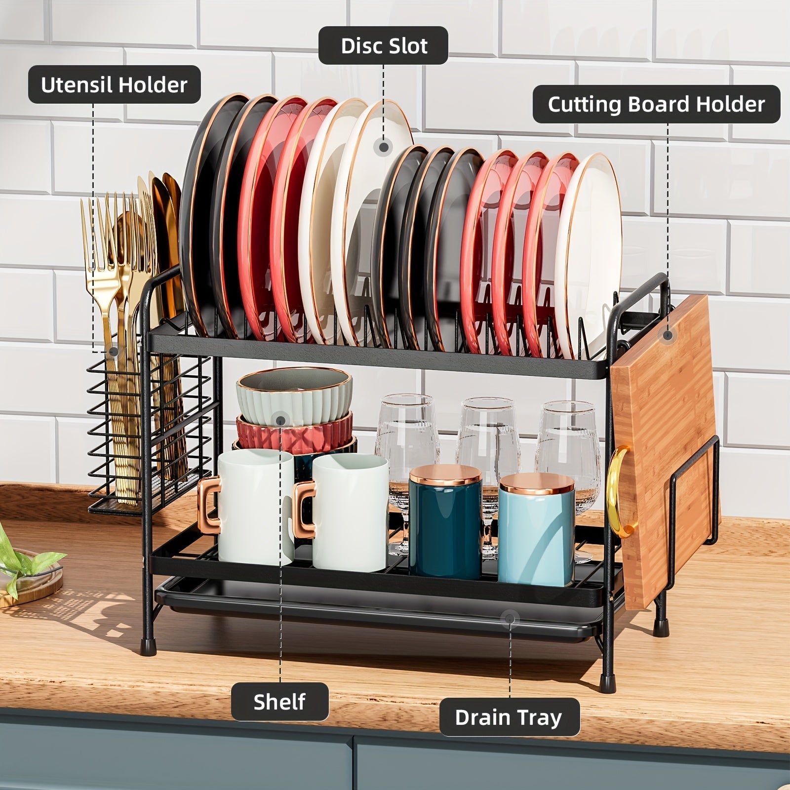 Black metal kitchen dish rack with integrated drainboard, utensil holder, and cutting board organizer — view 4