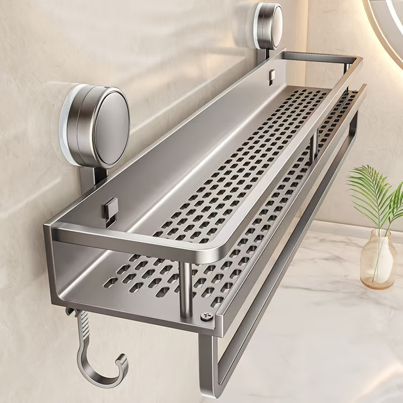 Rustproof wall mounted shower caddy with suction cups and towel hooks holding bathroom products — view 2