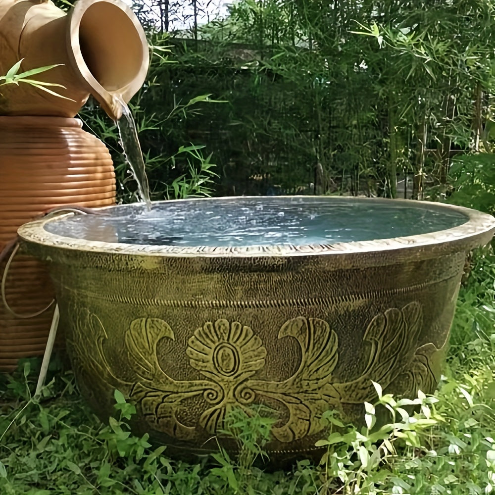 Round bronze resin planter pot with geometric pattern for garden and outdoor decor styling — view 4