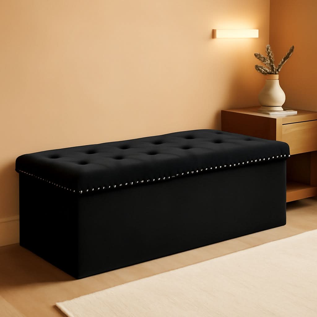 Black velvet storage ottoman bench with plush cushion, open to show hidden interior compartment space