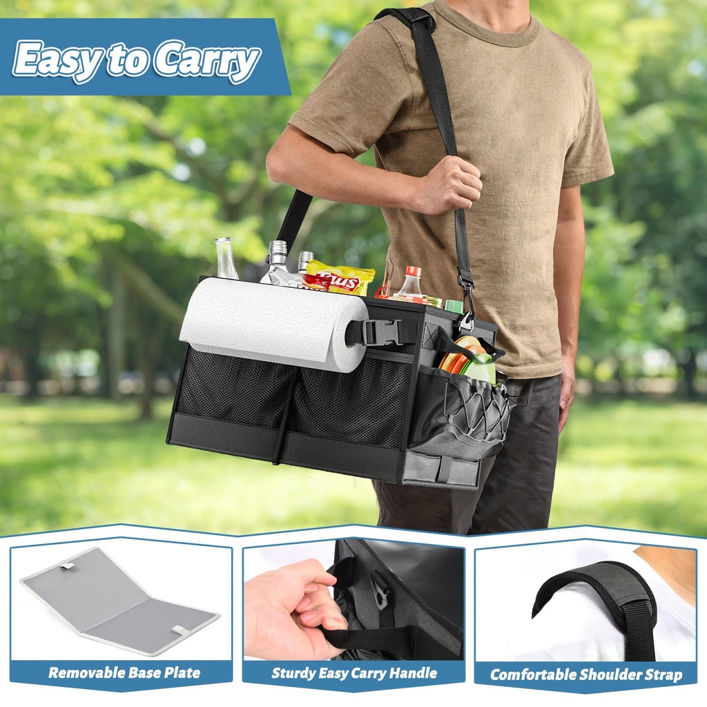 Black fabric collapsible BBQ grill caddy with built-in paper towel holder and large storage pockets — view 4