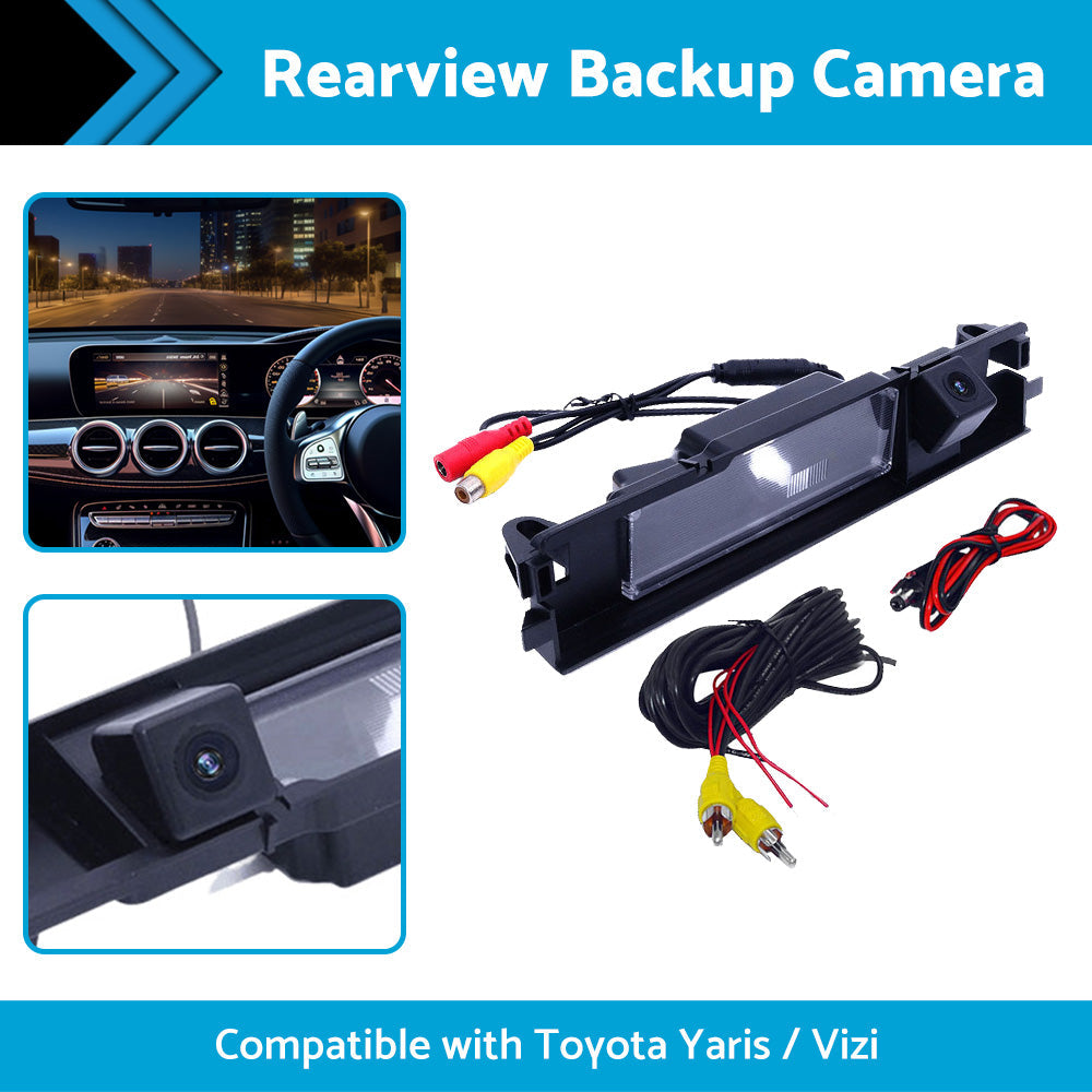Car reverse backup camera for Toyota Yaris with wiring cables and mounting accessories. — view 2