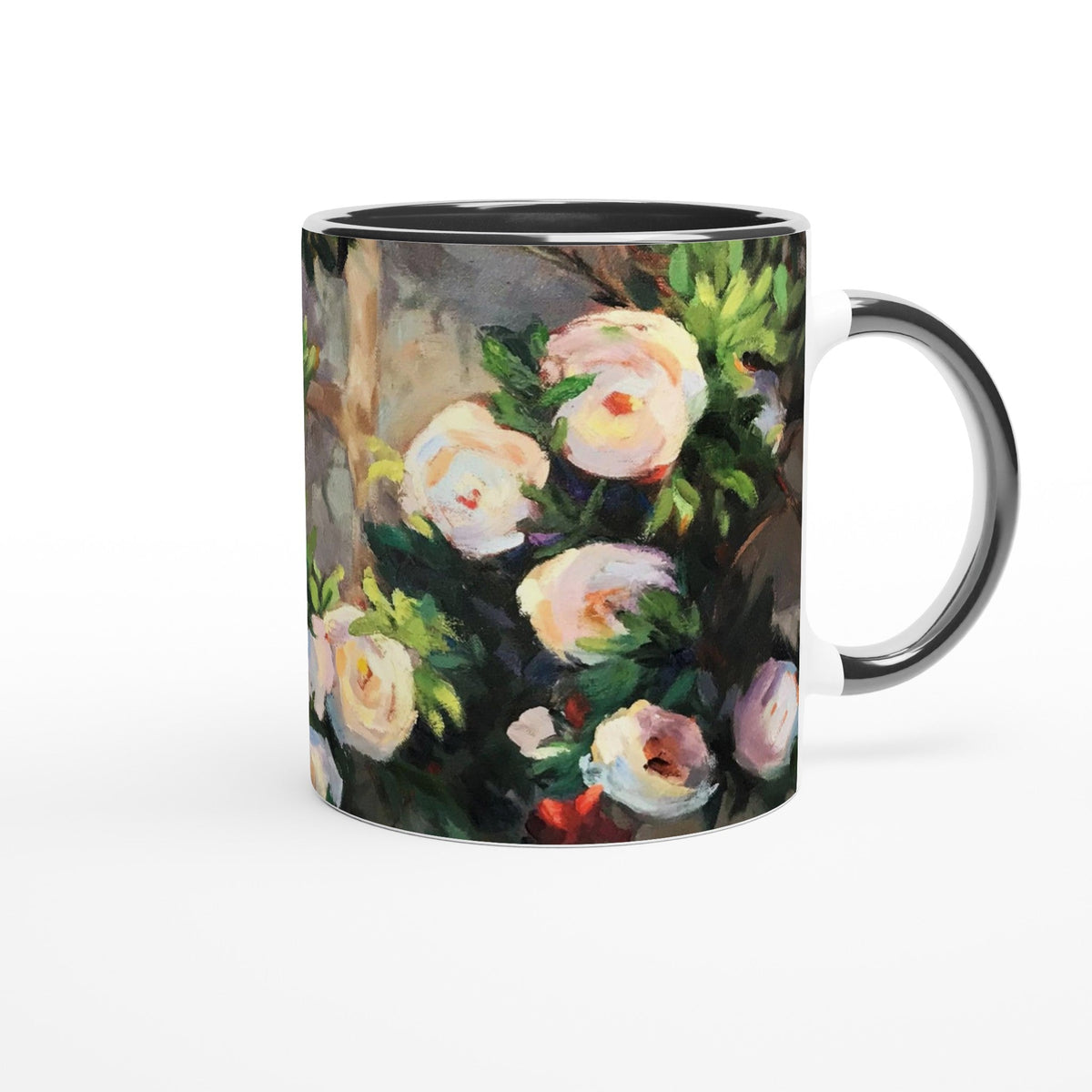 11oz White Ceramic Mug with Color Inside | Coffee Cup with 'Vining White Roses' Floral Artwork by American Artist Barbara Cleary-3