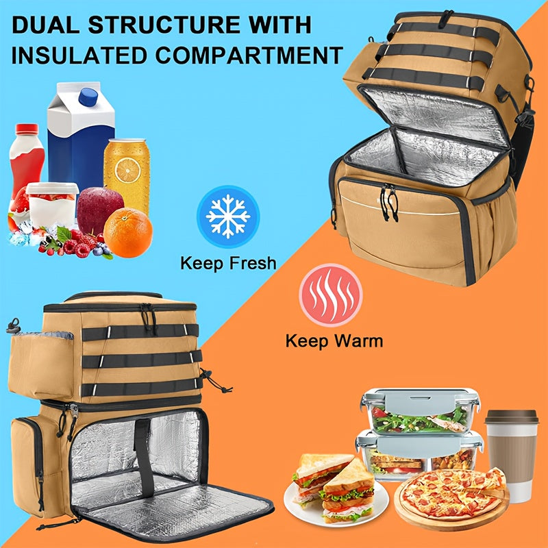 Khaki polyester fishing tackle backpack with integrated rod holders and a built-in cooler compartment. — view 4