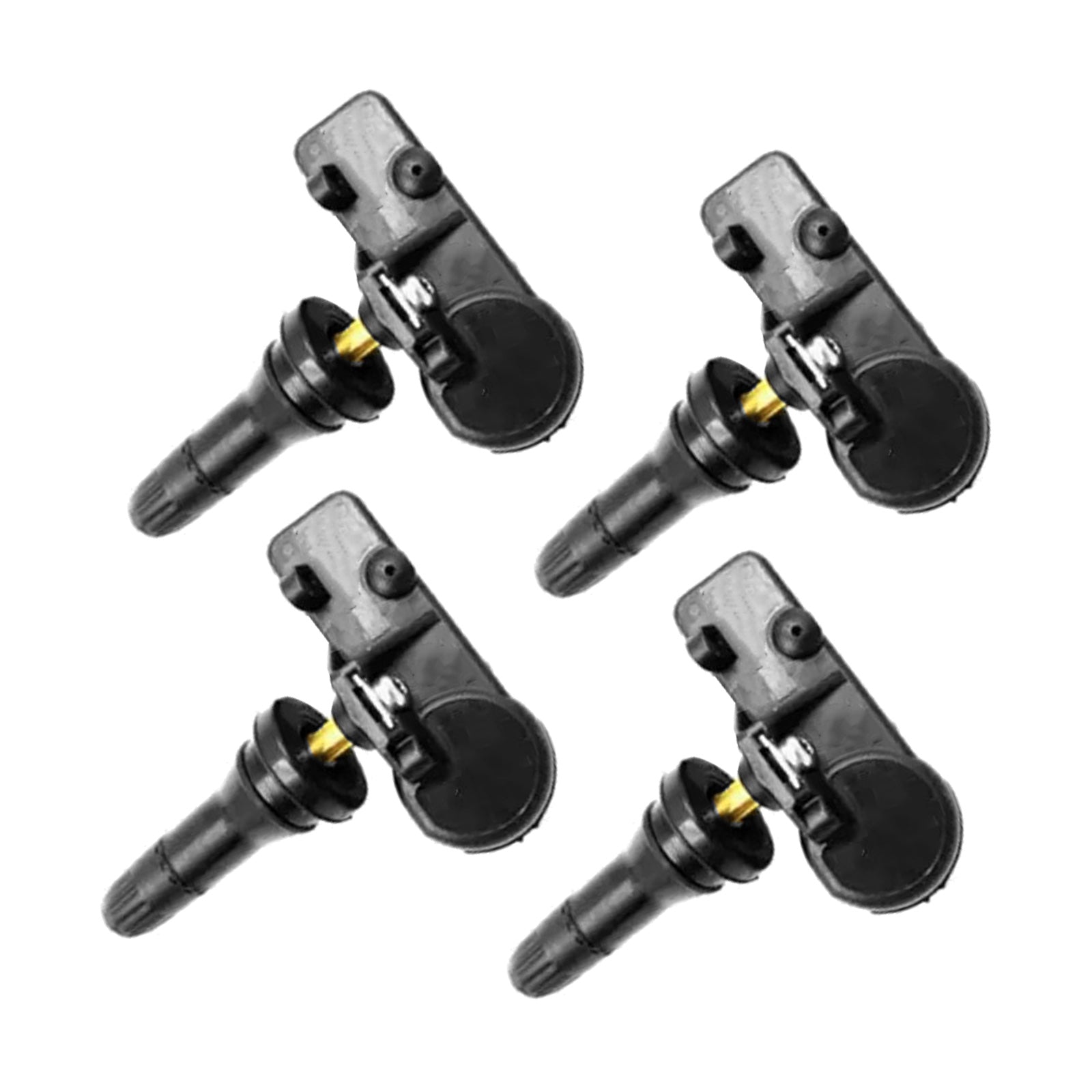 Black TPMS tire pressure sensor valve set of four with durable plastic and metal components