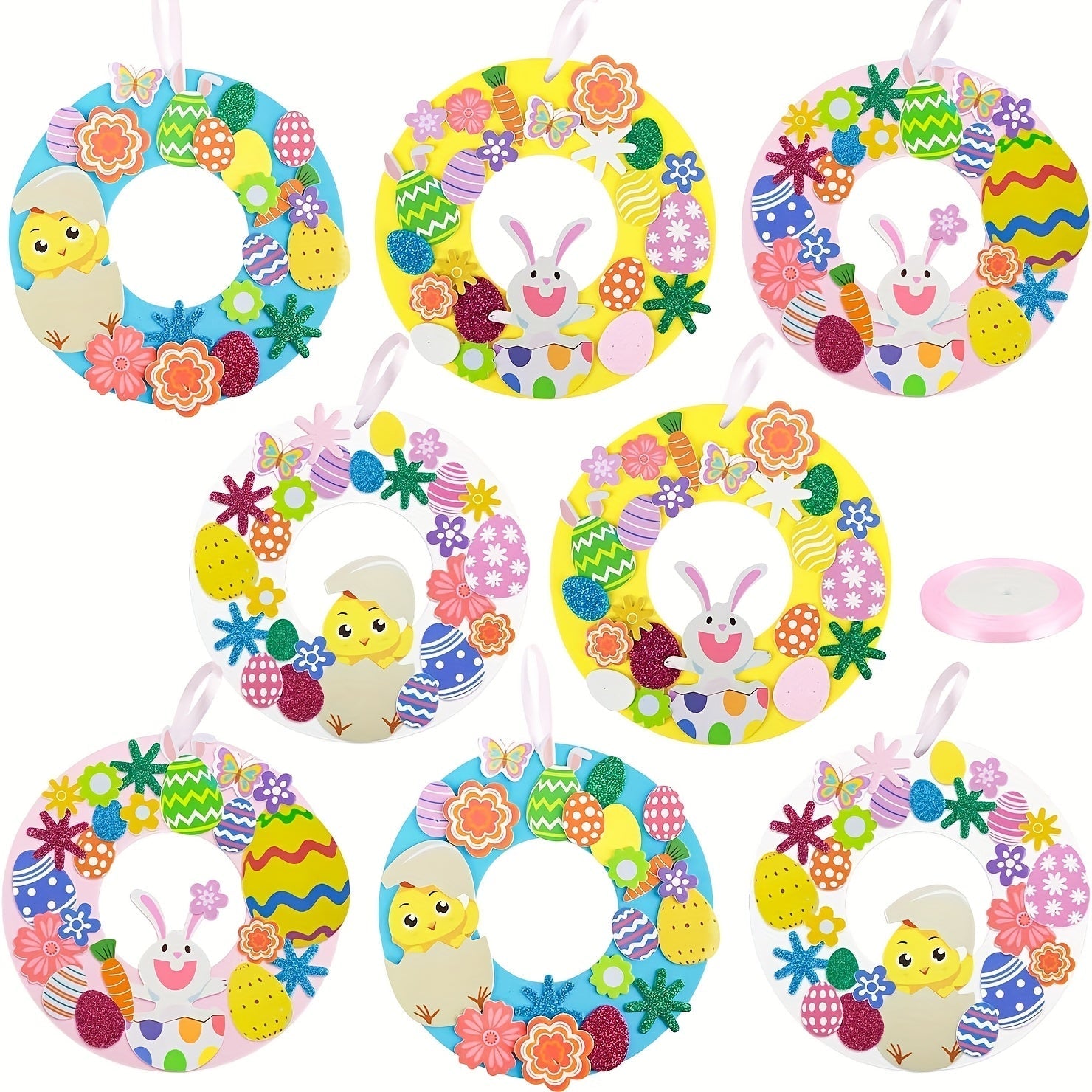 8-piece DIY Easter wreath craft kit with festive bunny and egg decorations for home display