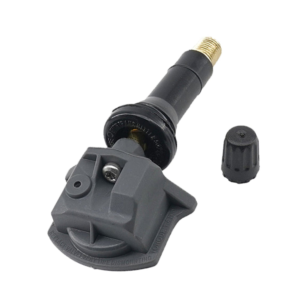 Set of four black automotive tire pressure monitoring sensors with metal valves. — view 3