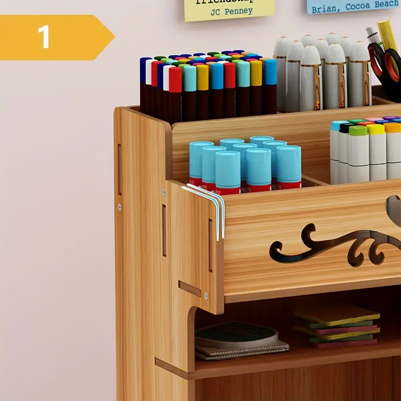 Wooden drawer organizer and desktop storage with versatile compartments for pens, markers, and office supplies — view 3