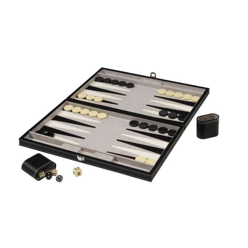 Classic 18-inch black leatherette backgammon board set with white and black playing pieces and dice