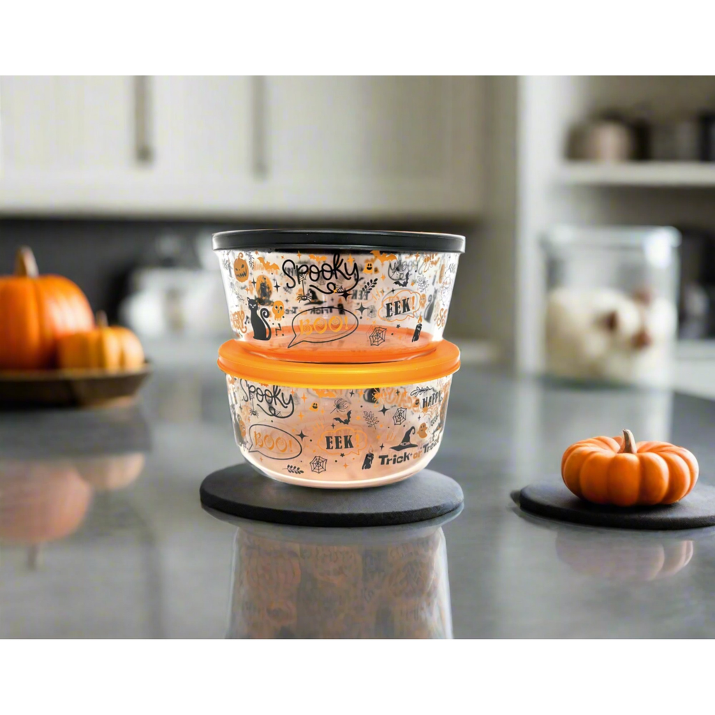 Round 32oz glass food storage containers with airtight lids and festive Halloween themed designs — view 3
