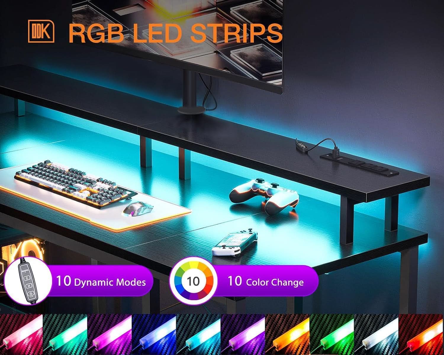 Sleek 48-inch black LED gaming desk with dual monitor stand, shelves, and built-in USB ports — view 4